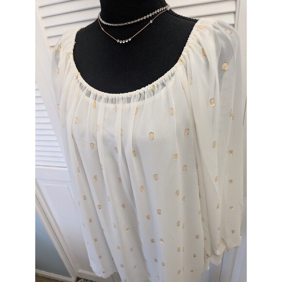 Talbots Blouse/Cami Women's XL Flounce Sleeve Ivory Gold Metallic Clip Dot New - Picture 2 of 12
